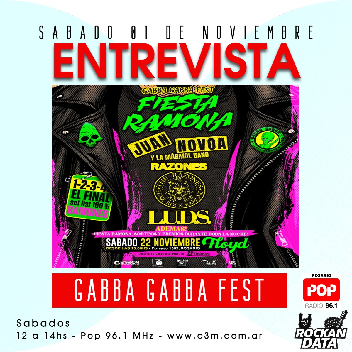Rockandata's tweet photo. 🎙️ Este sábado en #Rockandata (12 a 14 hs por Pop 96.1) hablamos de dos fechas imperdibles que se vienen en noviembre en Floyd Rock Pub 🔥

💀 Gabba Gabba Fest – la fiesta Ramona llega a Rosario
🧛‍♂️ MTV HITZ – Halloween Party 90/2000

Punk, nostalgia y alto rock ⚡ https://t.co/u0BnFJVQwh