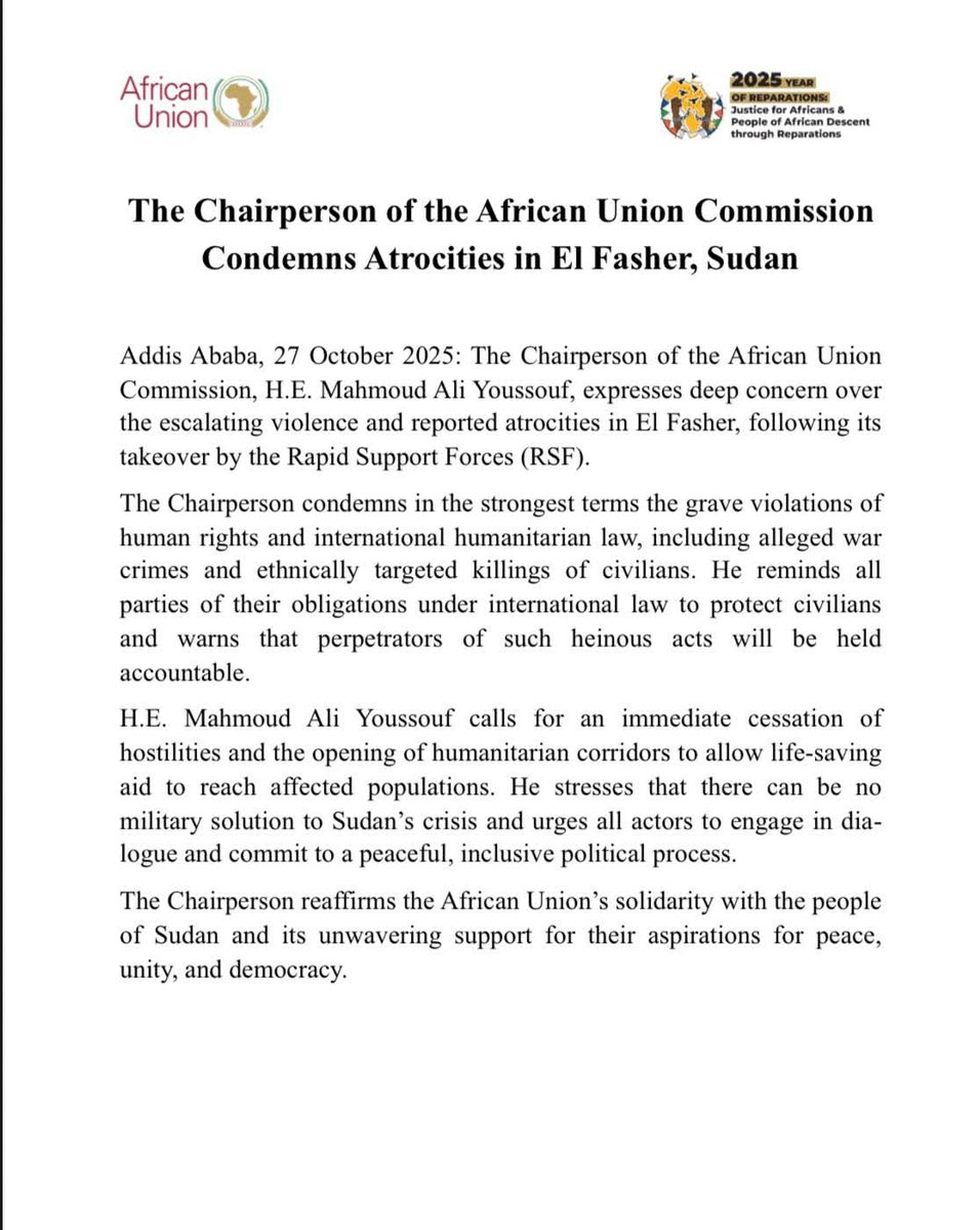 The Egyptian Mission to the Au joined the PSC’s emergency session on Sudan, urging urgent African action to halt violence in El Fasher, protect civilians,and ensure unhindered humanitarian aid.
 #GlobalSolidarityNetwork #ModelAU #Solidarity 
<a href="/_AfricanUnion/">African Union</a> 
<a href="/EgyInAddis/">Egypt Mission - Addis Ababa 🇪🇬</a>