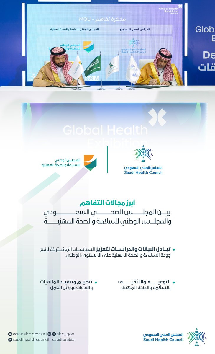 SHC_GOV's tweet image. #المجلس_الصحي_السعودي يوقّع مذكرة تفاهم مع المجلس الوطني للسلامة والصحة المهنية؛ بهدف رفع جودة السلامة والصحة المهنية على المستوى الوطني، وذلك خلال أعمال #ملتقى_الصحة_العالمي
#استثمر_في_الصحة