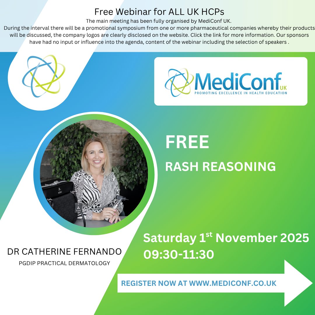 For UK HCPs:

💻Join us this Saturday, 1st November from 9:30-11:30 for an interactive webinar on Rash Reasoning presented by Dr Catherine Fernando.

Book your place here: mediconf.co.uk/event-details.…

#primarycare #medicalwebinars #dermatology