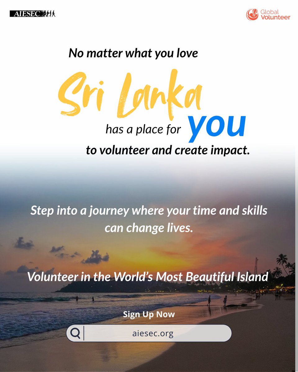 AIESEC_Nepal's tweet photo. Discover the beauty of Sri Lanka 🇱🇰 
Its people, nature, and purpose.
Volunteer to uplift communities, protect the environment &amp; empower youth. 
Travel with purpose. Grow through experience.

Your journey of impact starts here.
Apply now: https://t.co/lPPIFcOzz0 https://t.co/ZyoDuaVYPb