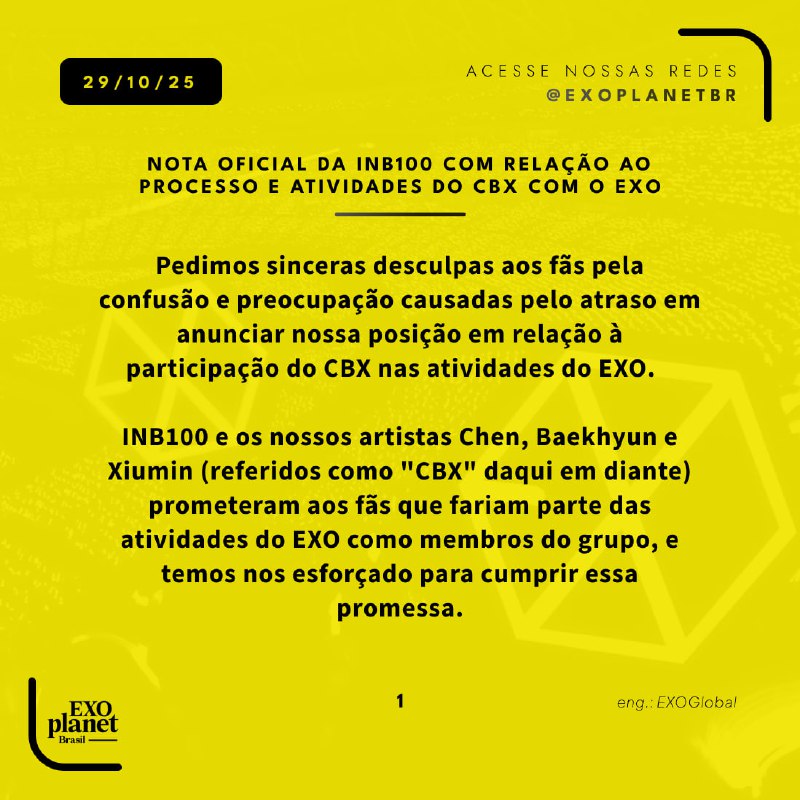 EXOPlanetBR's tweet photo. [TRAD] 29/10/25 Pronunciamento oficial da INB100 em relação às atividades do CBX no EXO e ao processo

#CBX #백현 #EXO #엑소 #첸 #시우민 
@BAEKHYUN_INB100 @XIUMIN_INB100 @CHEN_INB100 @weareoneEXO https://t.co/7Xz7JTq8G4