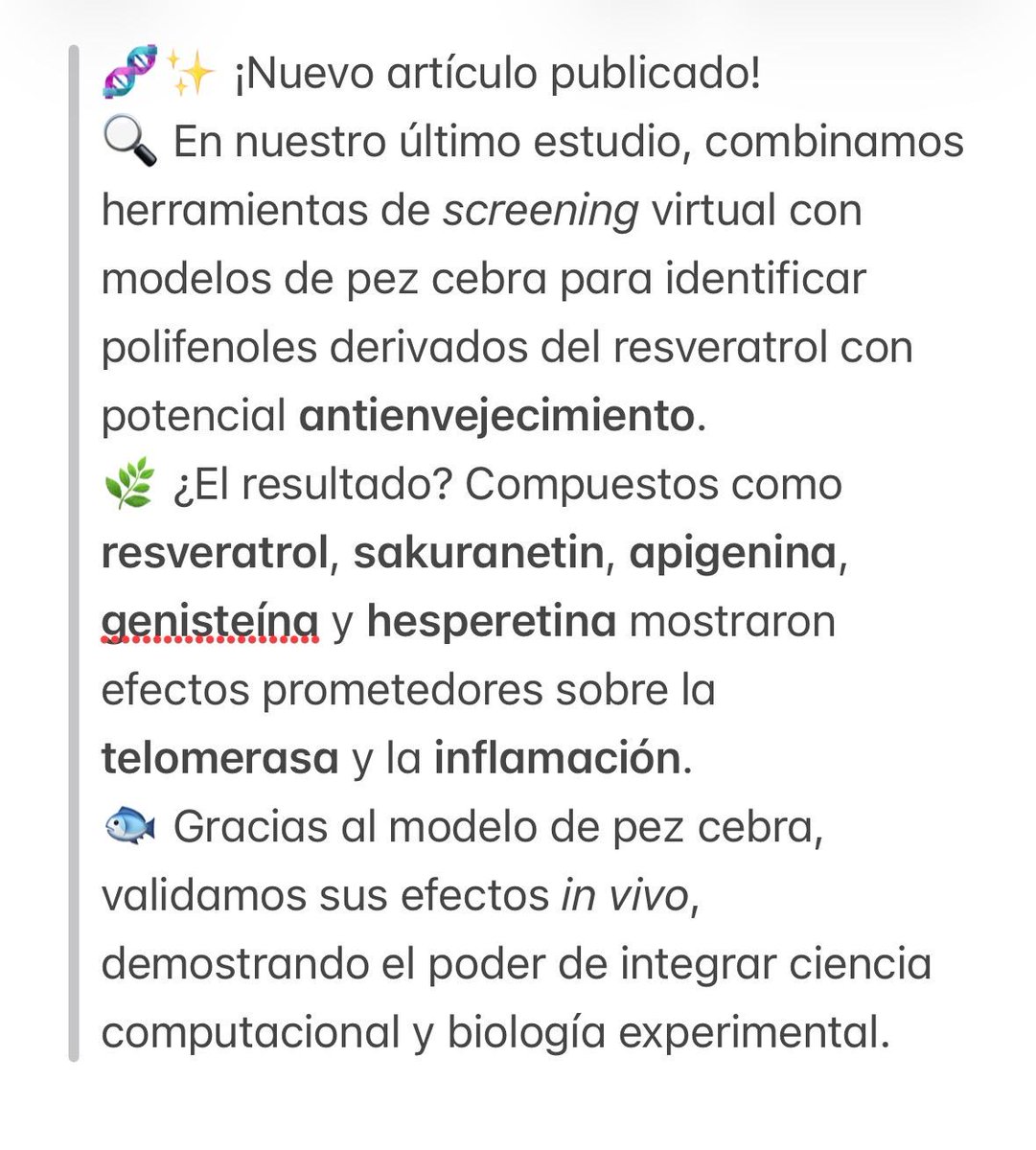 TCAG_IMIB's tweet image. 📖 Acceso abierto al artículo completo:
🔗 mdpi.com/1424-8247/18/1…
@IIC_UMU_IMIB 
@MDPIOpenAccess 
#Antiaging #Telómeros #Zebrafish #Polifenoles #Resveratrol #Investigación #CienciaAbierta #Pharmaceuticals #Biomedicina