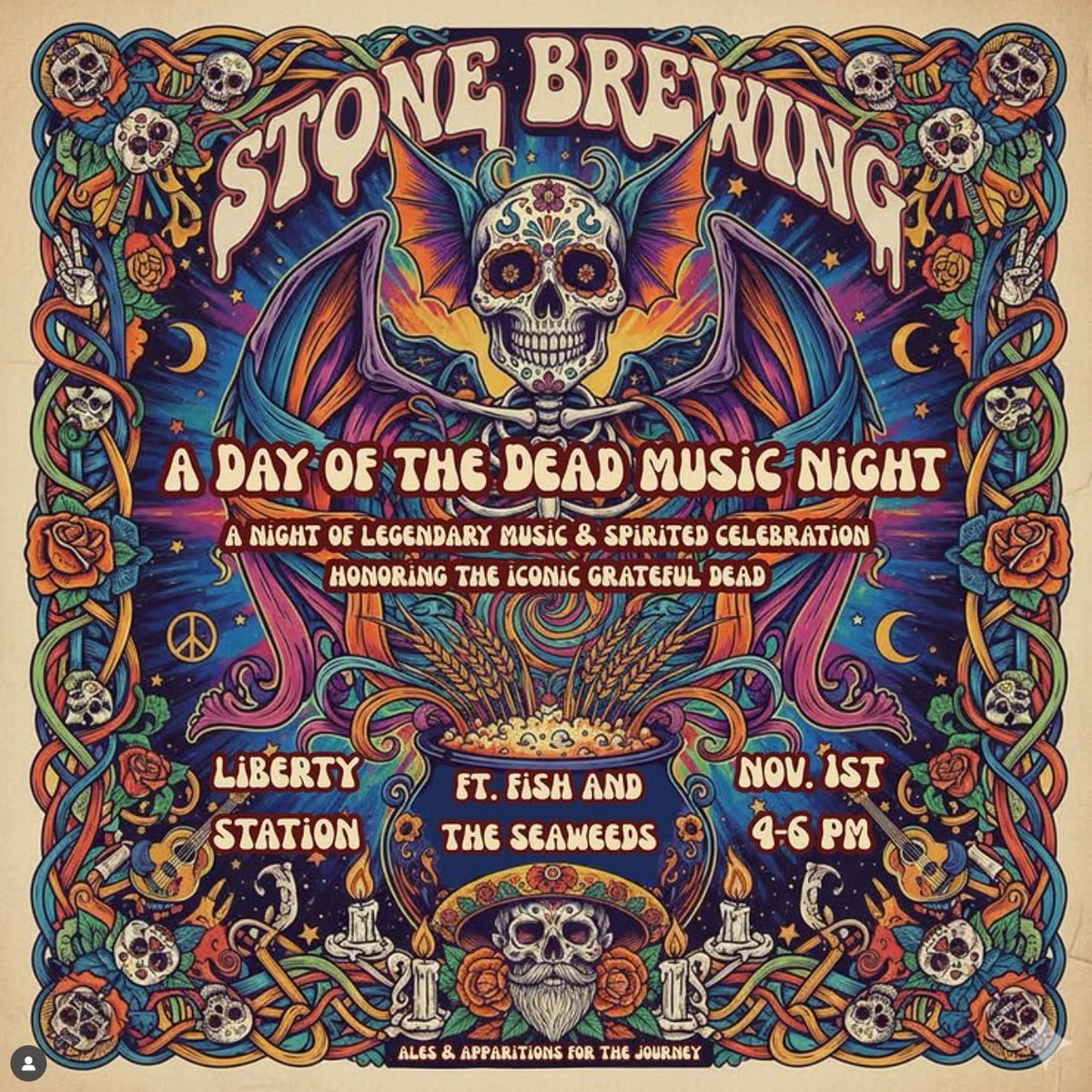 Mark your calendars for Stone Brewing’s Day of the Dead Music Night! 🎶💀 Join Fish and the Seaweeds as @stonelibertystation honors this vibrant holiday with a spirited Grateful Dead tribute. Don’t miss it on November 1st from 4–6 PM at Stone Brewing, Liberty Station! 🩷🍻