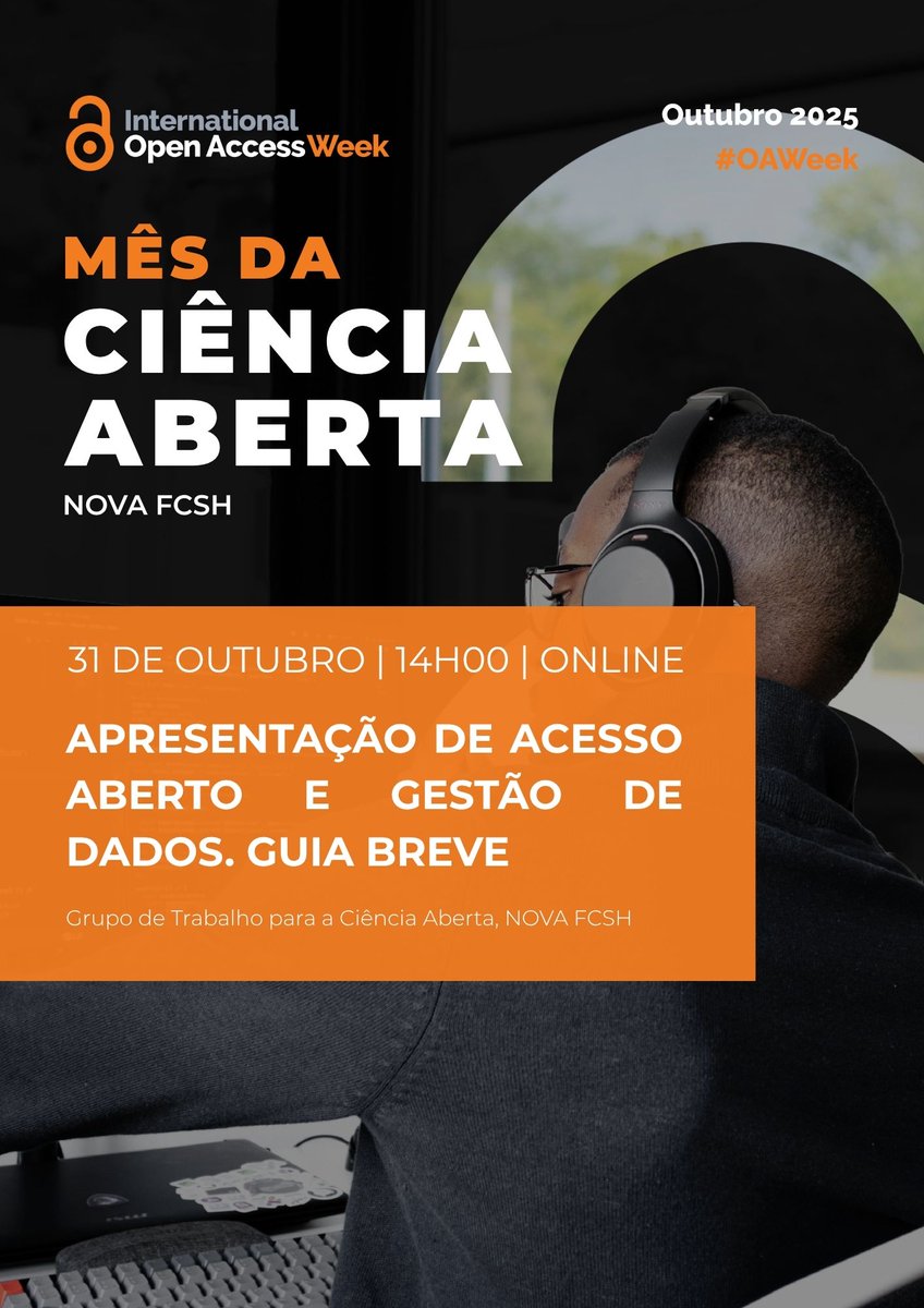 🔓 A última sessão do Mês da Ciência Aberta será dedicada à apresentação do Guia Breve sobre "Acesso Aberto e Gestão de Dados" preparado pelo Grupo de Trabalho para a Ciência Aberta da FCSH. 

Esta sexta-feira, 31 outubro, às 14h (UTC), via Teams.

+ info fcsh.unl.pt/nova-fcsh-cele…
