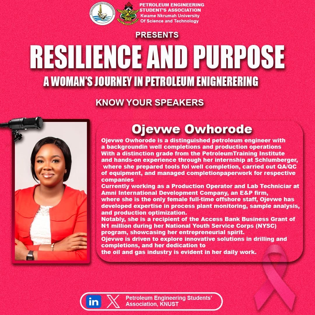 PesaKnust's tweet photo. 🌟 Resilience and Purpose: A Woman’s Journey in Petroleum Engineering 🌟

Join us this Friday, 31st October 2025 at 7:00 PM (GMT) for an inspiring conversation with outstanding women shaping the future of petroleum engineering!

20th PESA ADMINISTRATION https://t.co/xdOFOgMIFB