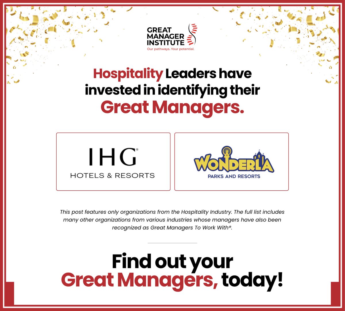 Celebrating Hospitality Leaders with Managers recognized as Great Managers To Work With®.  Kudos to these organizations.

<a href="/IHGhotels/">IHG Hotels & Resorts</a>, <a href="/Wonder_La/">Wonderla</a>

#GMTW #Recognition
