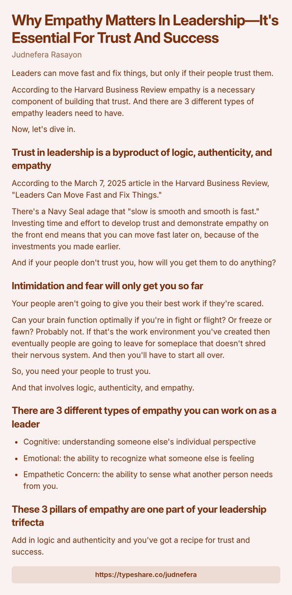 Judnefera's tweet photo. Leaders can move fast and fix things, but only if their people trust them. 

And empathy is a necessary component of building that trust. https://t.co/vHru5D2Ysc