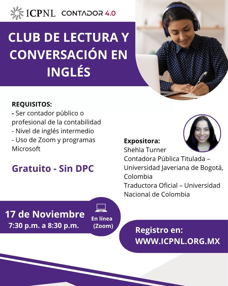 📖 Club de Lectura y Conversación en Inglés

📅 03, 10 y 17 de Noviembre
🆓 Gratuito 
🖥️ Vía Zoom

Registro: icpnl.org.mx/r/Ait

#ICPNL #SoyICPNL #CursoInglésGratuito