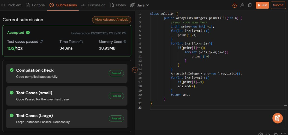 rajeshboya89's tweet image. Day 17 – #TUFWinterArc ❄️

Implemented Sieve of Eratosthenes 🔢
Efficient way to print all primes up to N using precomputation! 

#TakeUForward #TUF #DSA #Algorithms #Coding