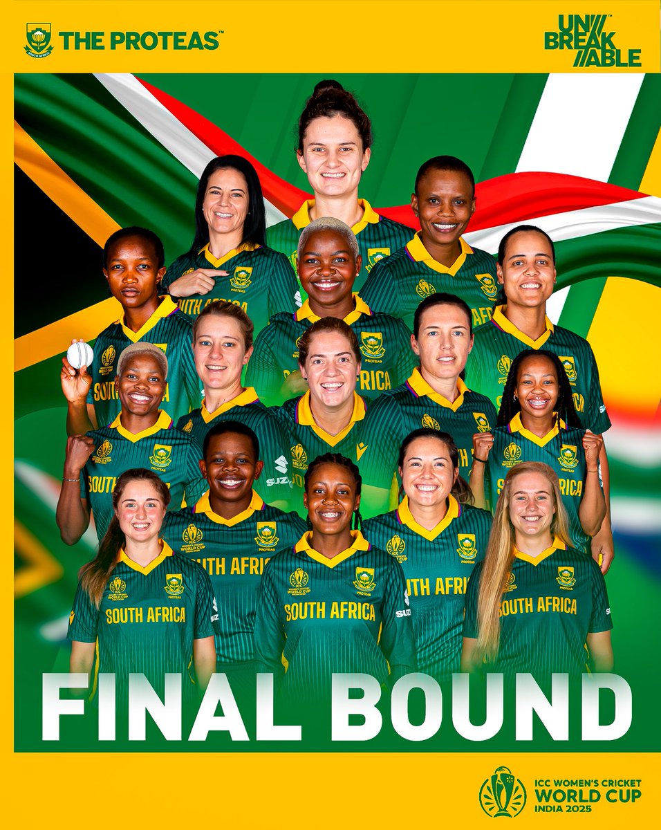 ProteasWomenCSA's tweet image. Final Bound! 💪

#TheProteas Women make history in Guwahati! 🙆‍♀️

A breathtaking semi-final performance that cements their spot in the ICC Women’s Cricket World Cup Final for the first time ever! 🇿🇦

#Unbreakable #CWC25