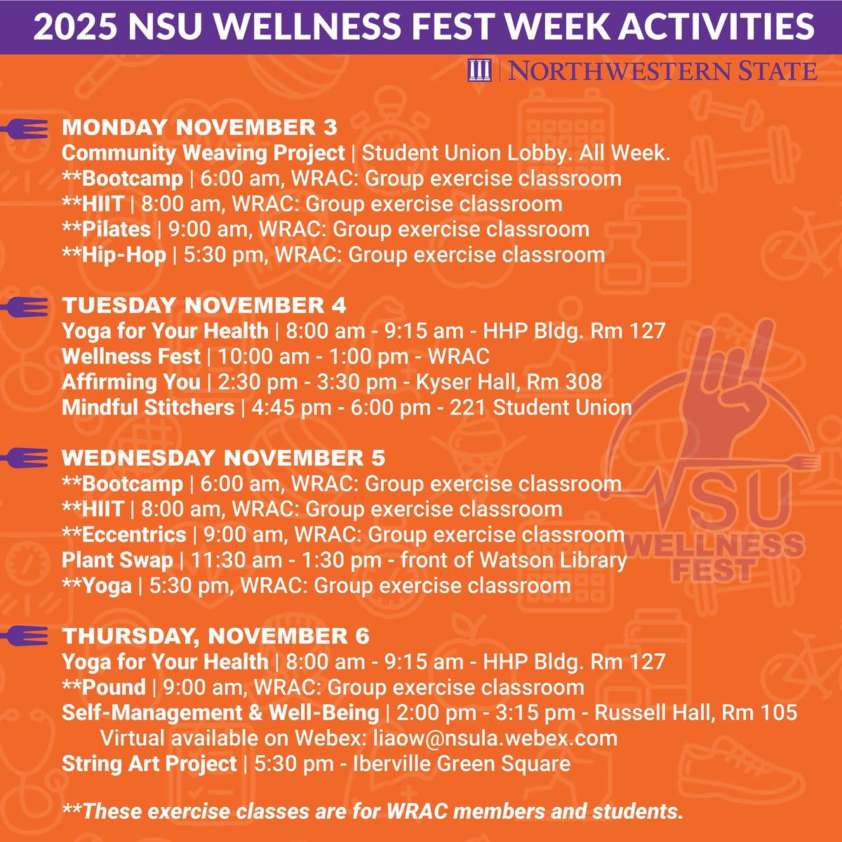 🚨 Next week is Wellness Week 🧠🧘‍♂️🌱 
Please make plans to attend any/all of these events! #Wellness #MindBodySpirit