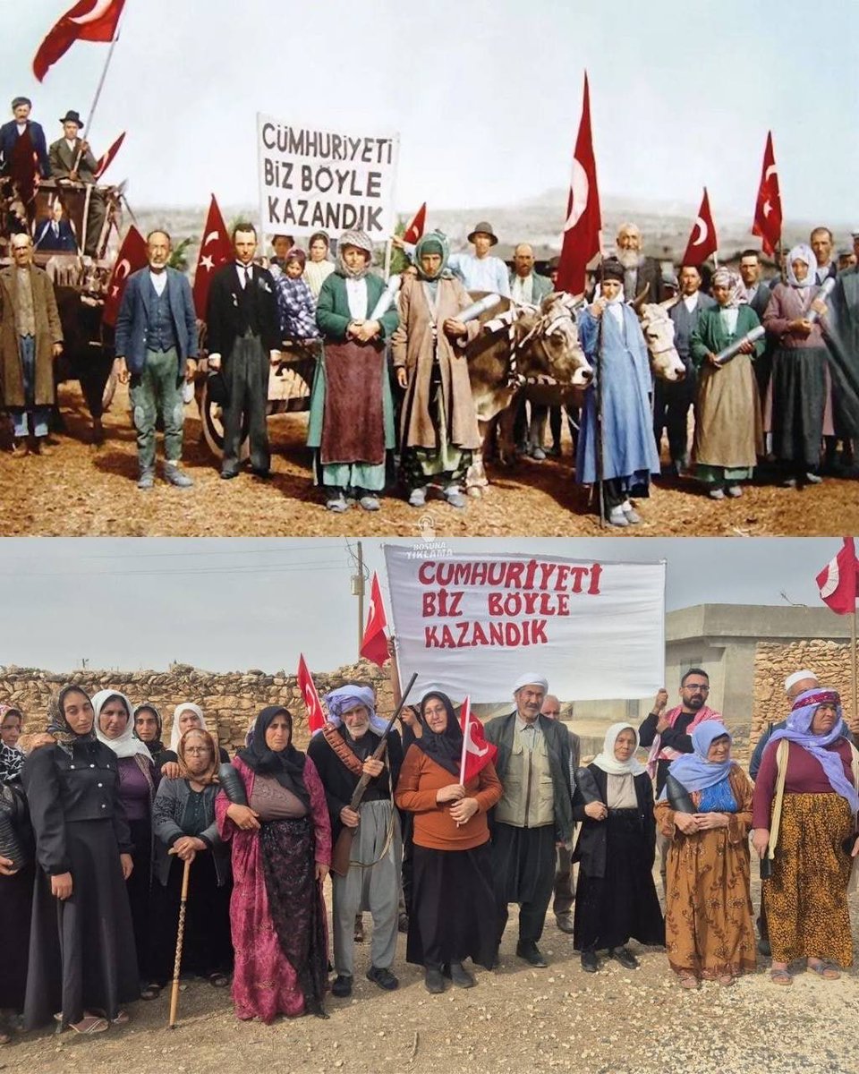 ♦️Şanlıurfa'da köylüler, meşhur "Cumhuriyet" pozunu yeniden canlandırdı.
