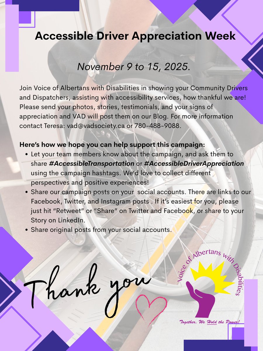 Help VAD Society show appreciation and gratitude to the Drivers and Dispatcher in the disabled community! vadsociety.ca/the-voice-nove…