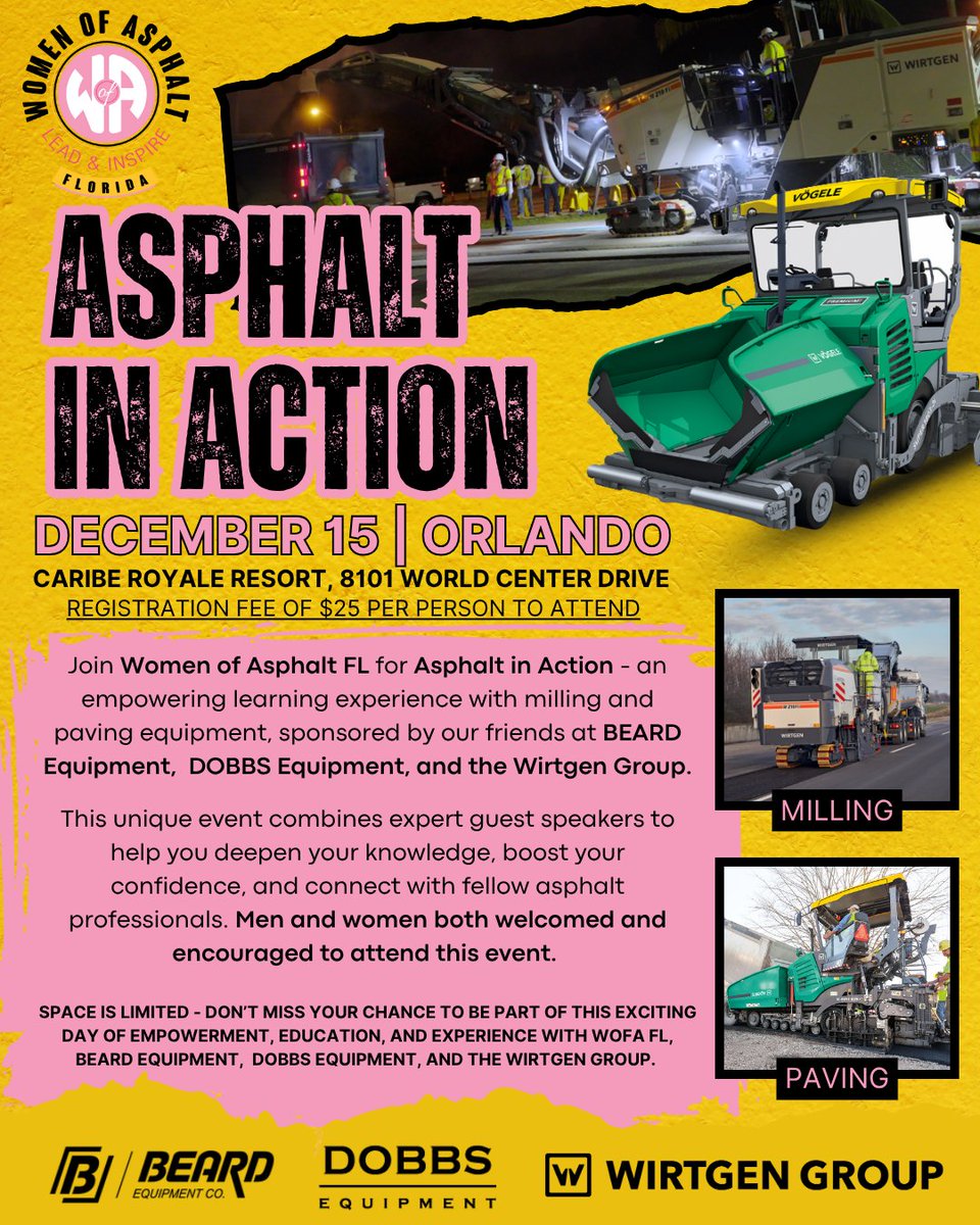 WofAFL's tweet photo. We’re thrilled to invite you to an empowering and immersive day of learning with milling and paving equipment on Monday, December 15th, sponsored by our friends at BEARD Equipment, DOBBS Equipment, and the Wirtgen Group. 
Sign up today to secure your spot: https://t.co/xdPIV5VpKB https://t.co/qVZQCsfWJ1