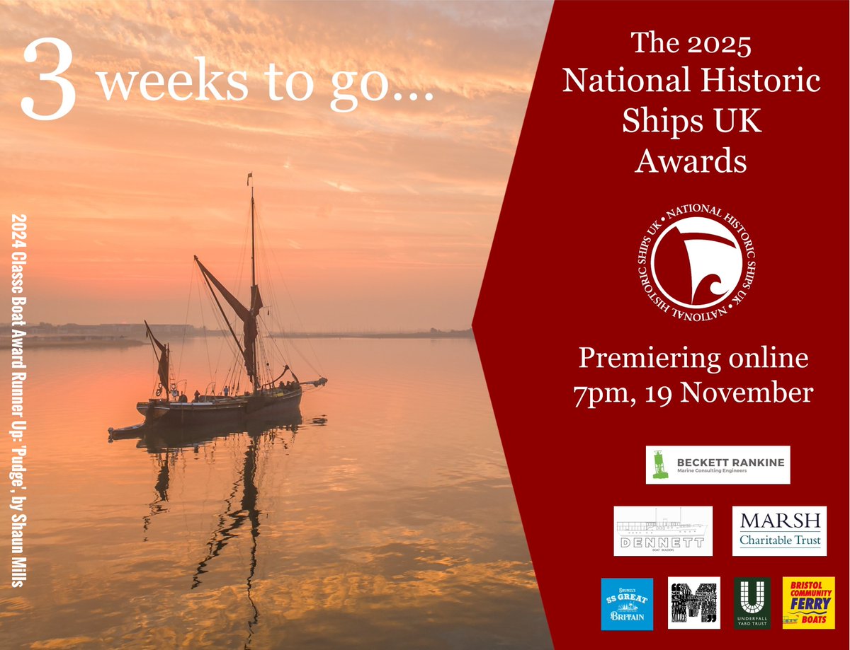 Only 3 weeks to go until the <a href="/NatHistShips/">National Historic Ships UK</a> Awards 2025!  

Supported by <a href="/beckettrankine/">Beckett Rankine</a>, <a href="/MarshAwards/">Marsh Charitable Trust</a> and   Dennett Boat Builders, and filmed in Bristol's Floating Harbour, the Awards film premieres on YouTube at 7.00pm on Wednesday 19th November. 

#NatHistShipsAwards2025