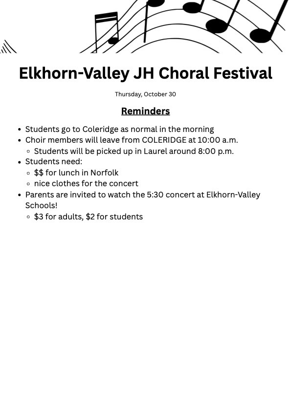 LCCMiddleSchool's tweet photo. Tomorrow is the Junior High Choral Festival at Elkhorn Valley.  Please check out the parent and student reminders for the event. Hope to see you there! https://t.co/KmeJFxSQaA