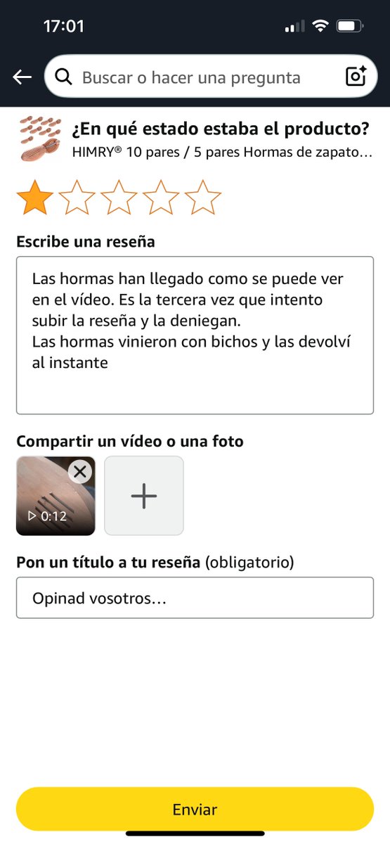 S__Fresh's tweet photo. Varias veces que intento subir la reseña de como me llegaron unas hormas y varias veces que no la subís por como llegaron. A ver si desde aquí podéis bloquear la subida…@amazon @AmazonHelp @AmazonNewsES https://t.co/4YRawYQEAw