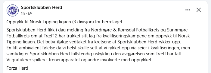 1.plass 4.div Sunnmøre: Stordal/Ørskog
2.plass 4.div Sunnmøre: Herd

1.plass 4.div Nordmøre&amp;R: Træff 2
2.plass 4.div Nordmøre&amp;R: Midsund

Logisk sett når Træff 2 trekker seg:
Herd-Midsund i opprykkskvalik. 

Løsning: Herd direkte opprykk.

Fair play? 🤝🏼🤥