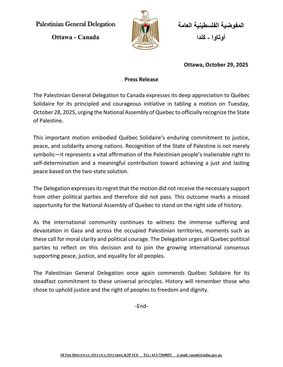 PalestineInCa's tweet photo. The Palestinian General Delegation to #Canada  Commends #Quebec  Solidaire’s Initiative to Recognize the State of Palestine. https://t.co/QVNGyxWMtw