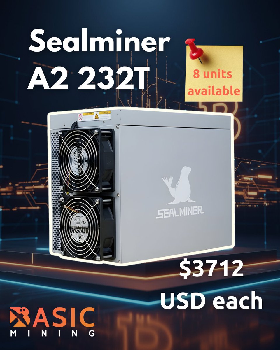 BasicMining's tweet image. 🚀 BUY &amp;amp; HOST — Start Mining Same Day You Pay!

Sealminer A2 232T
8 units available ⚡️Online now⚡️
💰 $3,712 each
📍 Located in the USA
🛠 5-Month OEM Warranty

Hosting Details:
➖$0.065/kWh power rate
➖$10/ unit monthly admin fee
➖$430/ unit security deposit
➖$50/ unit set up…
