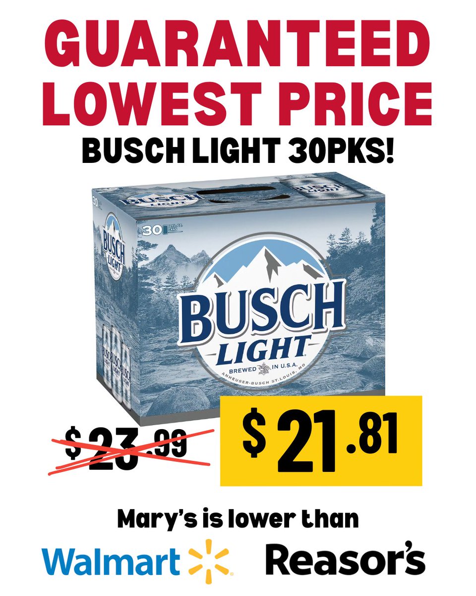 MarysLiquor's tweet image. Enjoy the crisp, balanced flavor of #BuschLight for less at Mary&apos;s! Busch Light Beer contains 95 calories and a 4.1% ABV per serving. @buschbeer Busch #GuaranteedLowestPrice