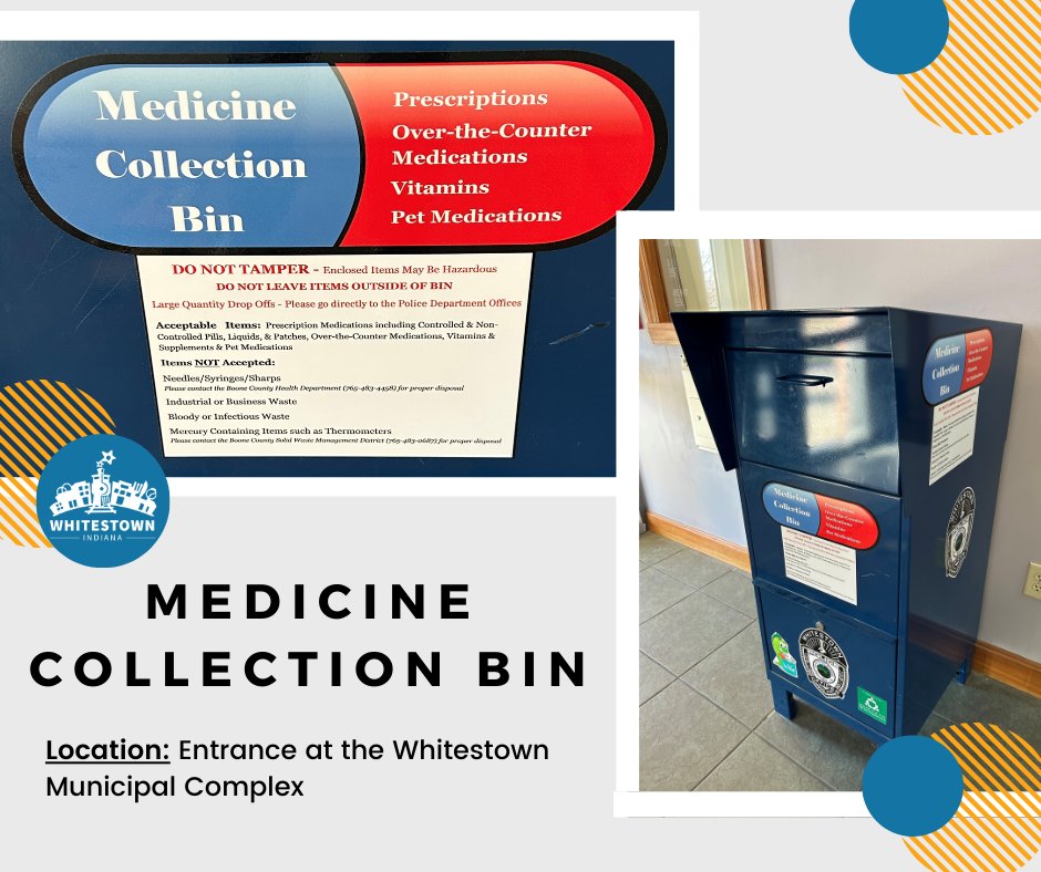 Are you looking for a safe way to dispose of your old or unused medications? The Whitestown Municipal Complex (6210 Veterans Drive) offers a medicine disposal bin for the safe disposal of prescription drugs, over-the-counter medications, vitamins, and pet medications.