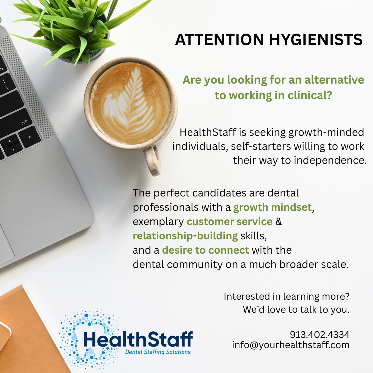 HealthStaffKC's tweet photo. Attention Hygienists!

Are you considering cutting back or leaving clinical hygiene all together? Are you interested in an alternative career within the dental space? Let’s chat!

Interested? 
Call or text: 913.402.4334
Email: info@yourhealthstaff.com https://t.co/nCfPxMZiPe