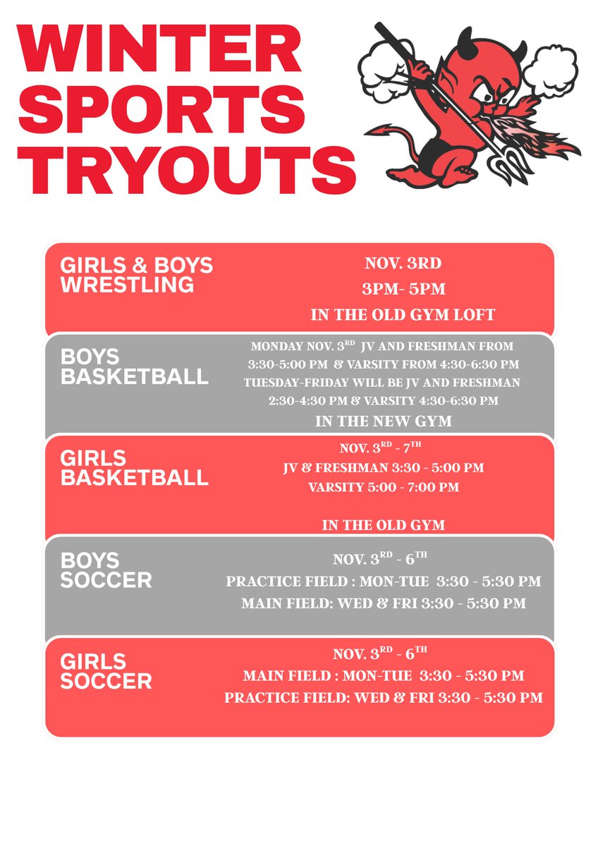 🏀❄️ Winter Sports Tryouts: Nov 3–7! ❄️🏀
Make sure you’re cleared before tryouts! ✅

👉 See Mrs. Rita during both lunches on Oct 29–30 to confirm your clearance.

Let’s crush this winter season! 💪🔥
#WinterSports #TryoutTime #GoTeam