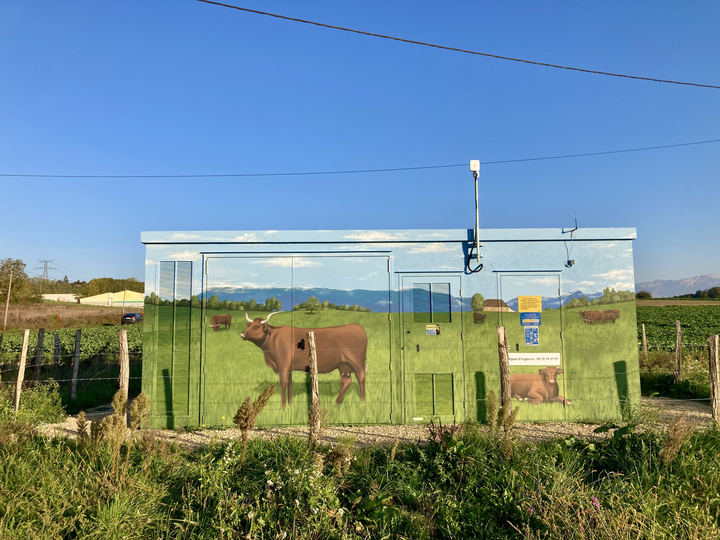 A Romagnieu (Isère), cette fresque de CHa  - le-ch-atelier.com -   incarne l’accompagnement au développement et au rayonnement des territoires ruraux qui accueillent nos JBox®. Elle est le symbole de l’implantation de la transition énergétique dans nos régions.