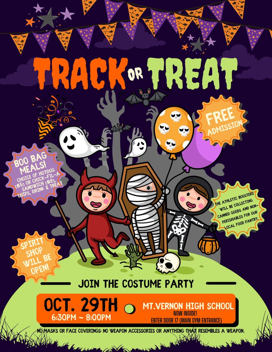UPDATE:  Track or Treat has been moved INSIDE! Enter door 17 (main gym entrance) and follow the path through the gym, balcony, and into the aux gym!  Doors open to the public at 6:30PM!