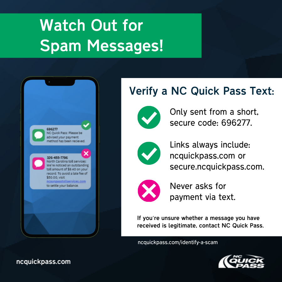 NC_QuickPass's tweet photo. Watch out!β οΈIf you receive a suspicious email or text, donβt click - verify first.
π Look for official #NCQuickPass branding and correct spelling
π§ Check the senderβs email or phone number
π² Report scams and learn more: https://t.co/nNW7YFm2kY
#ScamPrevention #TravelSmart https://t.co/Y5vxBtfWbY