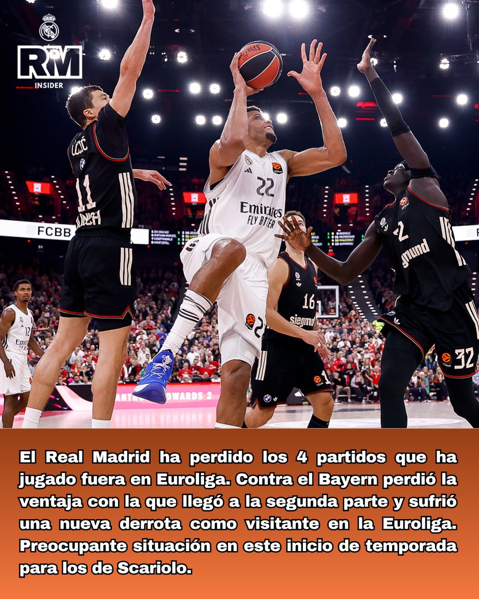 EL REAL MADRID SIGUE PERDIENDO FUERA DE CASA ❌

➡️ 4a derrota consecutiva en Euroliga fuera de Madrid 

⬇️ Malas sensaciones y mala 2a parte del equipo de #Scariolo

#RealMadridBaloncesto #EuroLeague