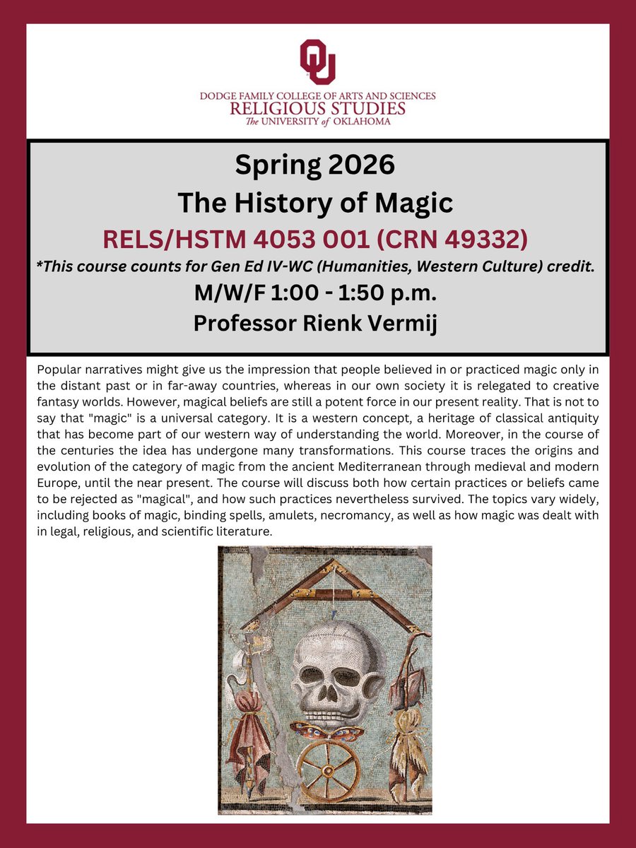 OUReligStudies's tweet photo. Coming for the spring 2026 semester! Check out RELS/HSTM 4053 001 Approaches to the Study of Religion on MWF at 1 p.m. with Dr. Vermij. It counts as an arts and humanities western culture gen ed credit (IV-WC). https://t.co/FDK0C6KHOi