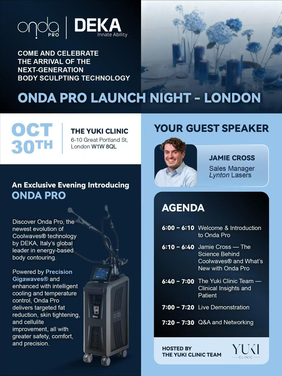 The future of body sculpting has arrived! 🚀 

So excited for the  ONDA PRO Launch Night in London at Yuki Clinic. 

Can't wait to experience the next-gen  Coolwaves® technology from DEKA.