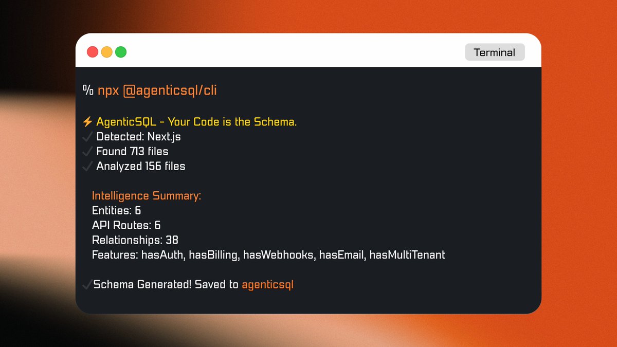 AgenticSQL's tweet image. This is what database setup should look like in 2025.
No YAML. No manual SQL. No configuration files.
Just: npx @agenticsql/cli
Your code becomes your schema. Automatically.
Try it: agenticsql.ai
#Database #PostgreSQL #AgenticSQL