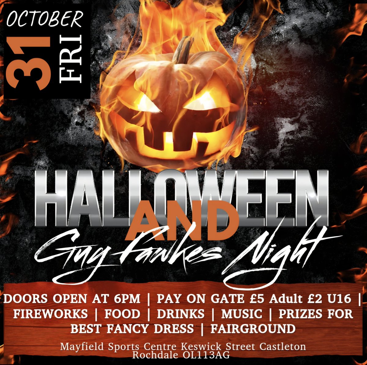 🎃✨ THIS FRIDAY! 🎆👻
Halloween meets Guy Fawkes at Rochdale Mayfield – food, fun &amp; FIREWORKS! 🎇
👉 Gates 6pm | Fireworks 8pm | £5 Adults / £2 U16
