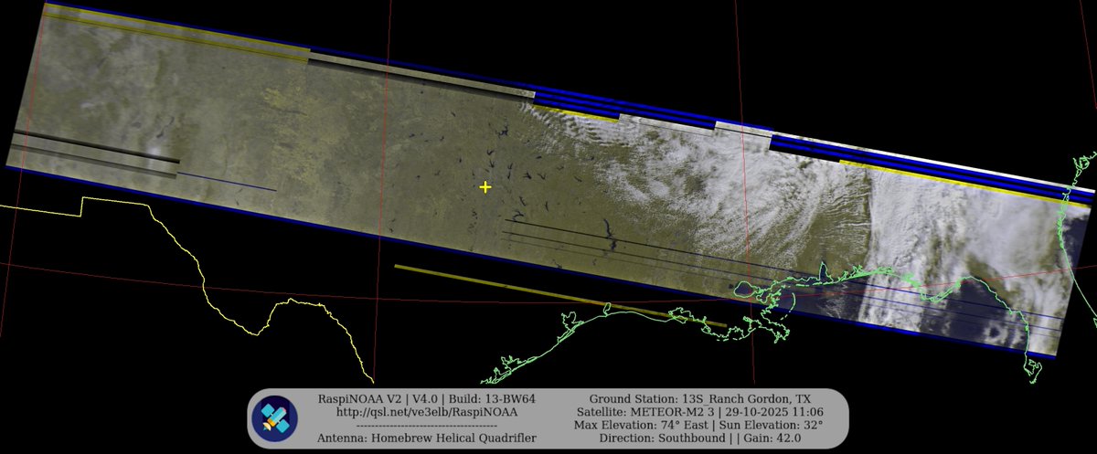 KB5ZUR's tweet image. Ground Station: 13S_Ranch Gordon, TX METEOR-M2 3 29-10-2025 10:50 CDT  Max Elev: 74° E Sun Elevation: 32° Gain: 42.0 | Southbound

#NOAA #NOAA15 #NOAA18 #NOAA19 #MeteorM2_3 #MeteorM2_4 #weather #weathersats #APT #LRPT #wxtoimg #MeteorDemod #rtlsdr #gpredict #raspberrypi #RN2 #ISS
