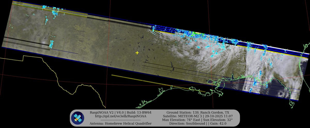 KB5ZUR's tweet image. Ground Station: 13S_Ranch Gordon, TX METEOR-M2 3 29-10-2025 10:50 CDT  Max Elev: 74° E Sun Elevation: 32° Gain: 42.0 | Southbound

#NOAA #NOAA15 #NOAA18 #NOAA19 #MeteorM2_3 #MeteorM2_4 #weather #weathersats #APT #LRPT #wxtoimg #MeteorDemod #rtlsdr #gpredict #raspberrypi #RN2 #ISS