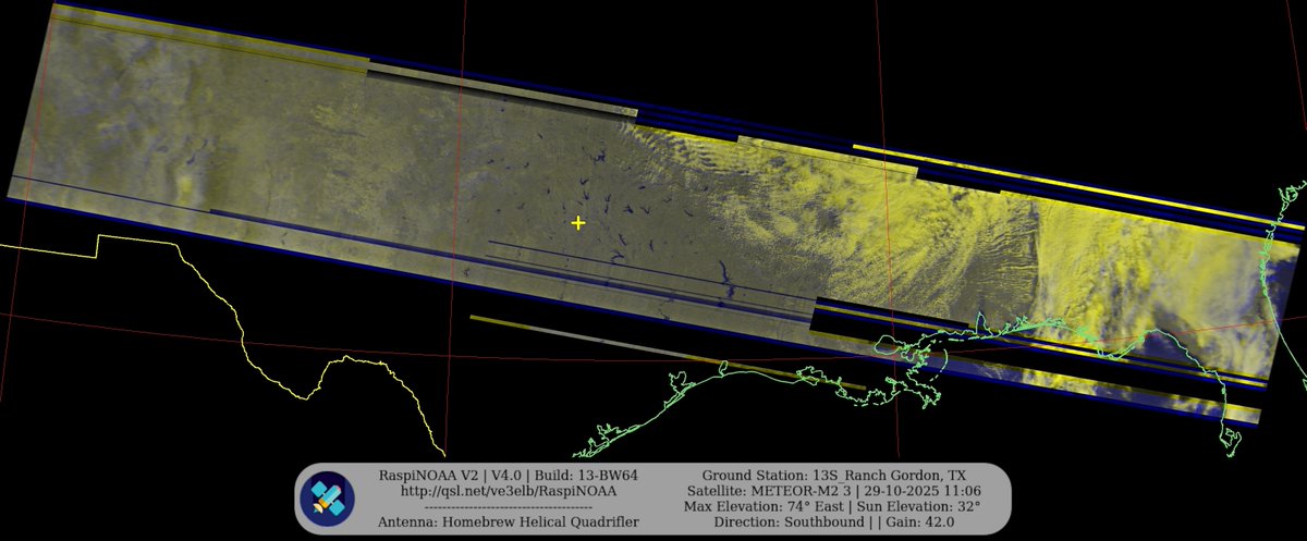 KB5ZUR's tweet image. Ground Station: 13S_Ranch Gordon, TX METEOR-M2 3 29-10-2025 10:50 CDT  Max Elev: 74° E Sun Elevation: 32° Gain: 42.0 | Southbound

#NOAA #NOAA15 #NOAA18 #NOAA19 #MeteorM2_3 #MeteorM2_4 #weather #weathersats #APT #LRPT #wxtoimg #MeteorDemod #rtlsdr #gpredict #raspberrypi #RN2 #ISS