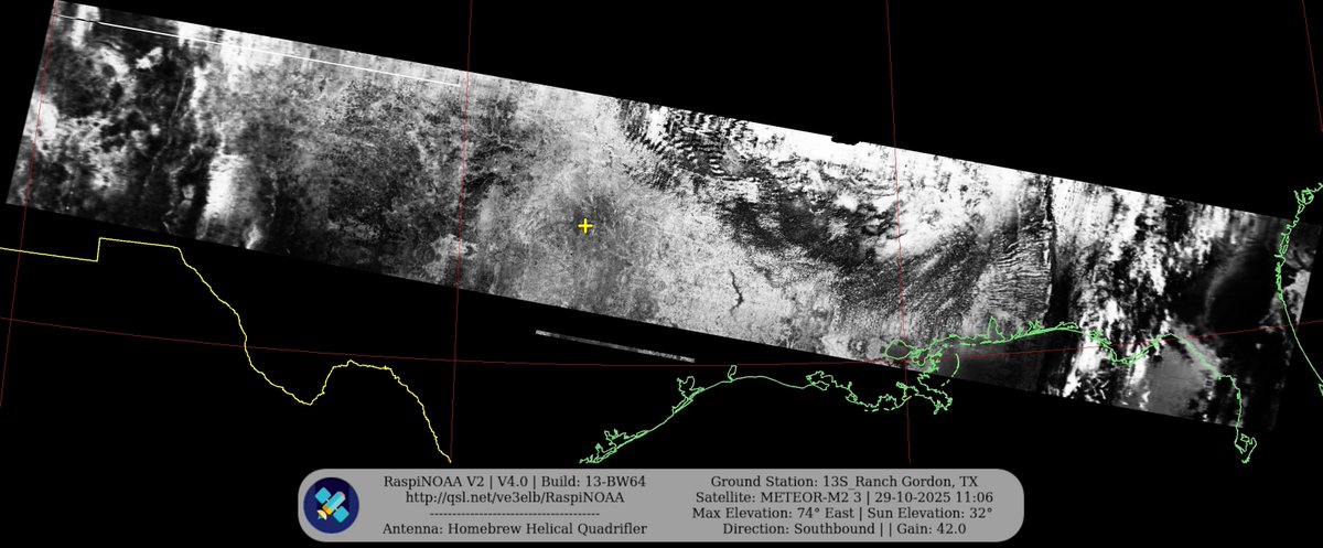 KB5ZUR's tweet image. Ground Station: 13S_Ranch Gordon, TX METEOR-M2 3 29-10-2025 10:50 CDT  Max Elev: 74° E Sun Elevation: 32° Gain: 42.0 | Southbound

#NOAA #NOAA15 #NOAA18 #NOAA19 #MeteorM2_3 #MeteorM2_4 #weather #weathersats #APT #LRPT #wxtoimg #MeteorDemod #rtlsdr #gpredict #raspberrypi #RN2 #ISS