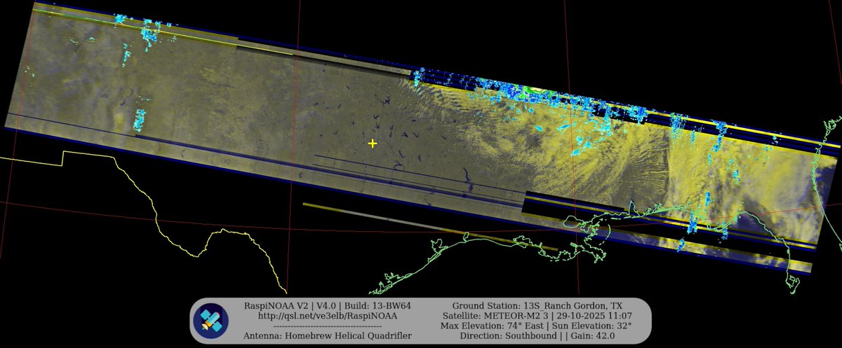 KB5ZUR's tweet image. Ground Station: 13S_Ranch Gordon, TX METEOR-M2 3 29-10-2025 10:50 CDT  Max Elev: 74° E Sun Elevation: 32° Gain: 42.0 | Southbound

#NOAA #NOAA15 #NOAA18 #NOAA19 #MeteorM2_3 #MeteorM2_4 #weather #weathersats #APT #LRPT #wxtoimg #MeteorDemod #rtlsdr #gpredict #raspberrypi #RN2 #ISS