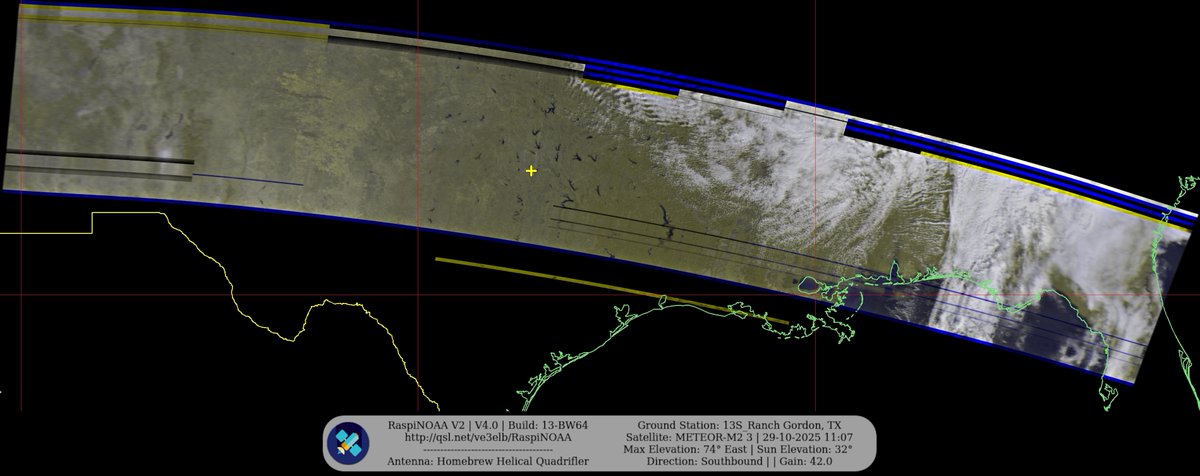 KB5ZUR's tweet image. Ground Station: 13S_Ranch Gordon, TX METEOR-M2 3 29-10-2025 10:50 CDT  Max Elev: 74° E Sun Elevation: 32° Gain: 42.0 | Southbound

#NOAA #NOAA15 #NOAA18 #NOAA19 #MeteorM2_3 #MeteorM2_4 #weather #weathersats #APT #LRPT #wxtoimg #MeteorDemod #rtlsdr #gpredict #raspberrypi #RN2 #ISS