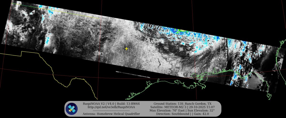 KB5ZUR's tweet image. Ground Station: 13S_Ranch Gordon, TX METEOR-M2 3 29-10-2025 10:50 CDT  Max Elev: 74° E Sun Elevation: 32° Gain: 42.0 | Southbound

#NOAA #NOAA15 #NOAA18 #NOAA19 #MeteorM2_3 #MeteorM2_4 #weather #weathersats #APT #LRPT #wxtoimg #MeteorDemod #rtlsdr #gpredict #raspberrypi #RN2 #ISS