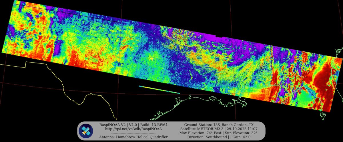 KB5ZUR's tweet image. Ground Station: 13S_Ranch Gordon, TX METEOR-M2 3 29-10-2025 10:50 CDT  Max Elev: 74° E Sun Elevation: 32° Gain: 42.0 | Southbound

#NOAA #NOAA15 #NOAA18 #NOAA19 #MeteorM2_3 #MeteorM2_4 #weather #weathersats #APT #LRPT #wxtoimg #MeteorDemod #rtlsdr #gpredict #raspberrypi #RN2 #ISS