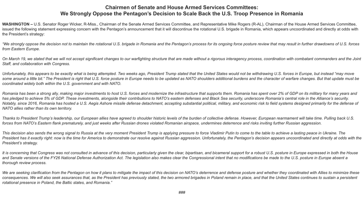 Republican chairmen of Senate &amp; House Armed Services Committees express concern over Pentagon announcement that it will discontinue the rotational US brigade in Romania -- saying move "appears uncoordinated and directly at odds with the President’s strategy."