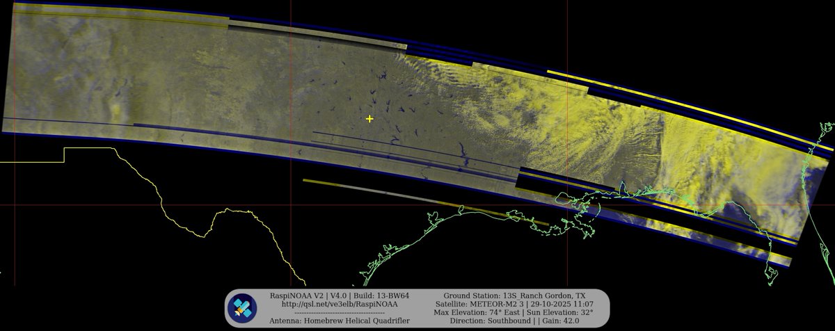 KB5ZUR's tweet image. Ground Station: 13S_Ranch Gordon, TX METEOR-M2 3 29-10-2025 10:50 CDT  Max Elev: 74° E Sun Elevation: 32° Gain: 42.0 | Southbound

#NOAA #NOAA15 #NOAA18 #NOAA19 #MeteorM2_3 #MeteorM2_4 #weather #weathersats #APT #LRPT #wxtoimg #MeteorDemod #rtlsdr #gpredict #raspberrypi #RN2 #ISS