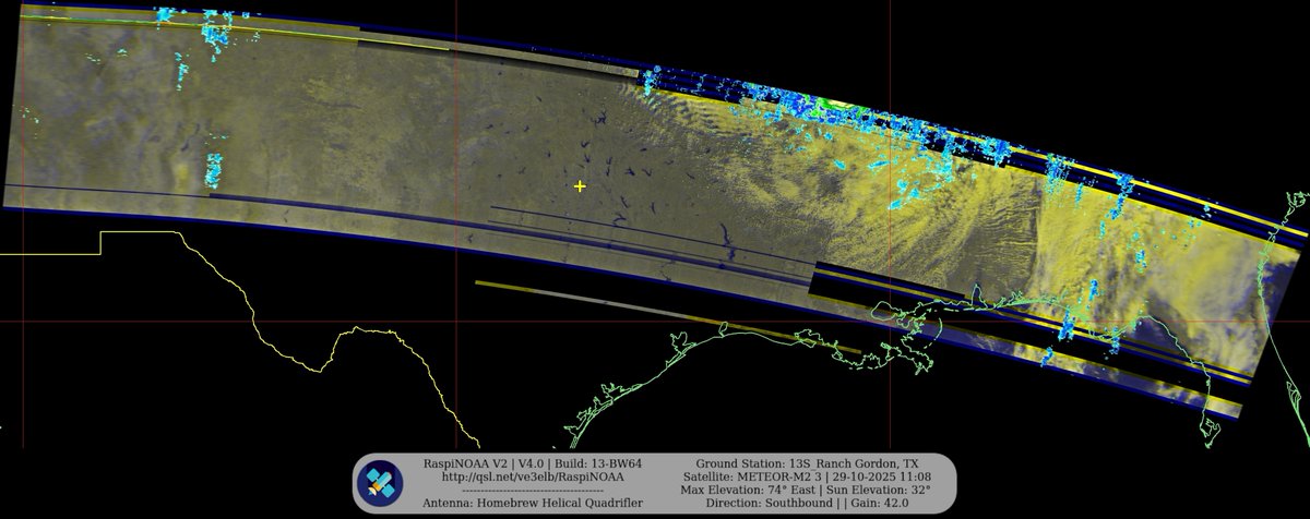KB5ZUR's tweet image. Ground Station: 13S_Ranch Gordon, TX METEOR-M2 3 29-10-2025 10:50 CDT  Max Elev: 74° E Sun Elevation: 32° Gain: 42.0 | Southbound

#NOAA #NOAA15 #NOAA18 #NOAA19 #MeteorM2_3 #MeteorM2_4 #weather #weathersats #APT #LRPT #wxtoimg #MeteorDemod #rtlsdr #gpredict #raspberrypi #RN2 #ISS