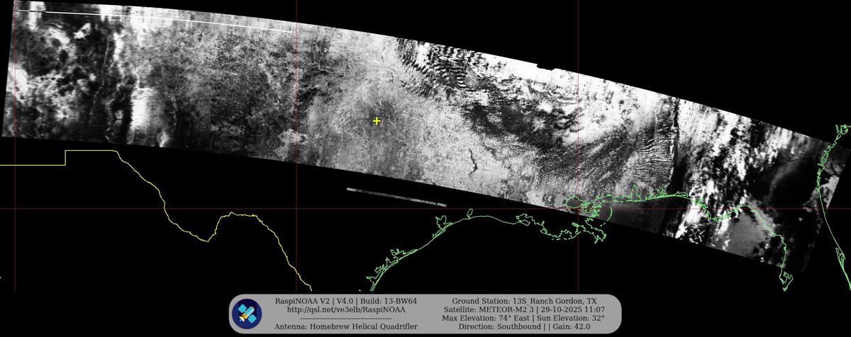 KB5ZUR's tweet image. Ground Station: 13S_Ranch Gordon, TX METEOR-M2 3 29-10-2025 10:50 CDT  Max Elev: 74° E Sun Elevation: 32° Gain: 42.0 | Southbound

#NOAA #NOAA15 #NOAA18 #NOAA19 #MeteorM2_3 #MeteorM2_4 #weather #weathersats #APT #LRPT #wxtoimg #MeteorDemod #rtlsdr #gpredict #raspberrypi #RN2 #ISS