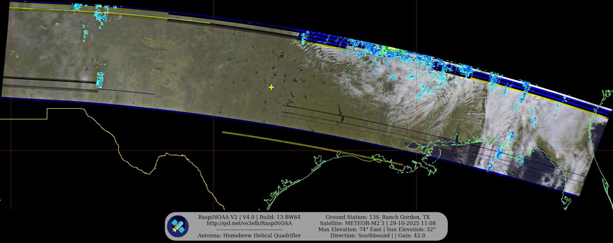 KB5ZUR's tweet image. Ground Station: 13S_Ranch Gordon, TX METEOR-M2 3 29-10-2025 10:50 CDT  Max Elev: 74° E Sun Elevation: 32° Gain: 42.0 | Southbound

#NOAA #NOAA15 #NOAA18 #NOAA19 #MeteorM2_3 #MeteorM2_4 #weather #weathersats #APT #LRPT #wxtoimg #MeteorDemod #rtlsdr #gpredict #raspberrypi #RN2 #ISS